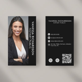 Modern Black & White Notary Vertical Photo QR Code Business Card