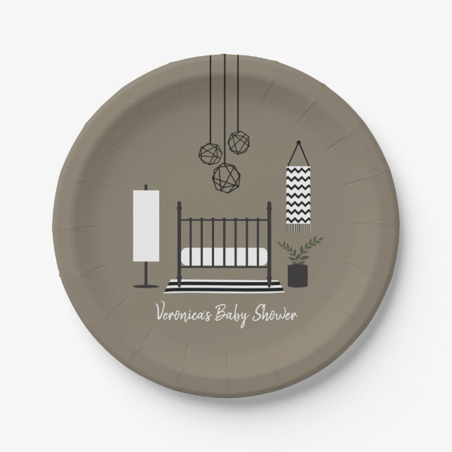 Modern Black + White Nursery Baby Shower Paper Plates (Front)