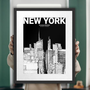 Modern Black & White NYC Skyline Travel Sketch Poster