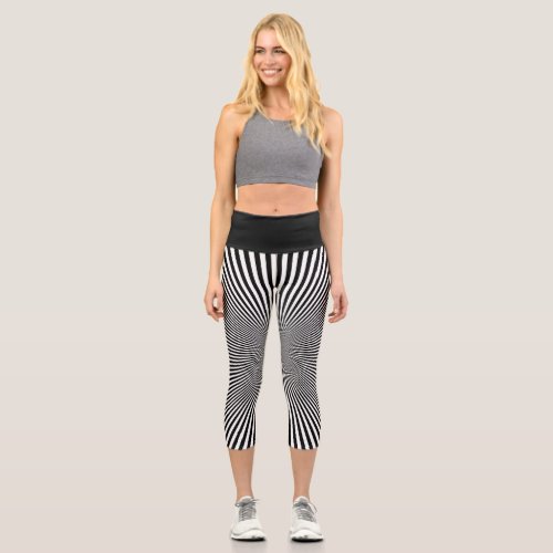 Modern Black White Optical Illusion Stripes Yoga Capri Leggings