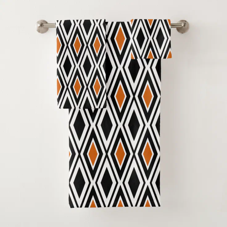 Modern Black White Orange Diamond Pattern Bath Towel Set Zazzle