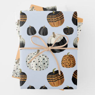 Modern Black White Orange Pumpkin Pattern Wrapping Paper Sheets