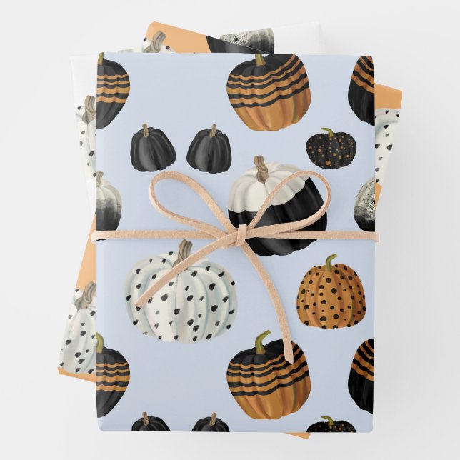 Modern Black White Orange Pumpkin Pattern Wrapping Paper Sheets (In situ)