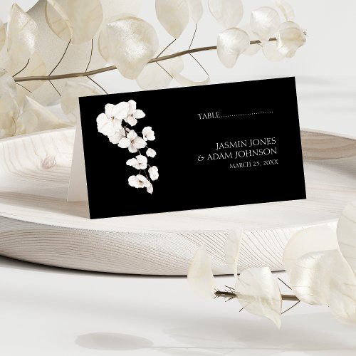 Modern Black White Orchids Floral Wedding Place Card