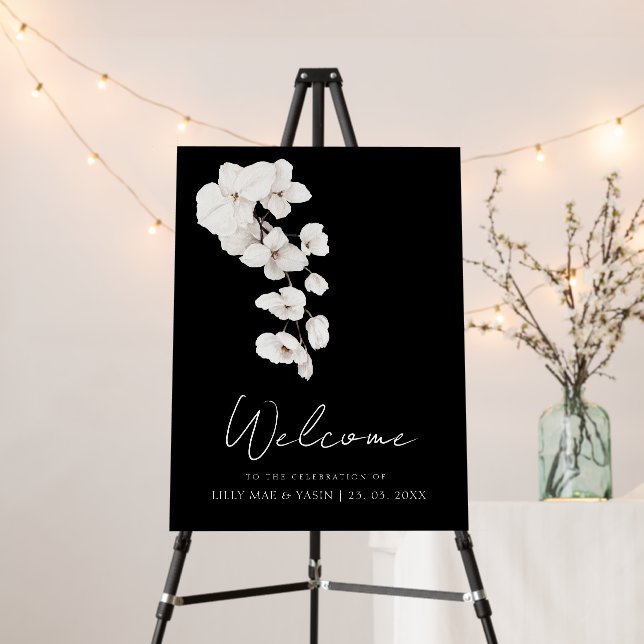 Modern Black White Orchids Floral Wedding Sign (In Situ (Stand))