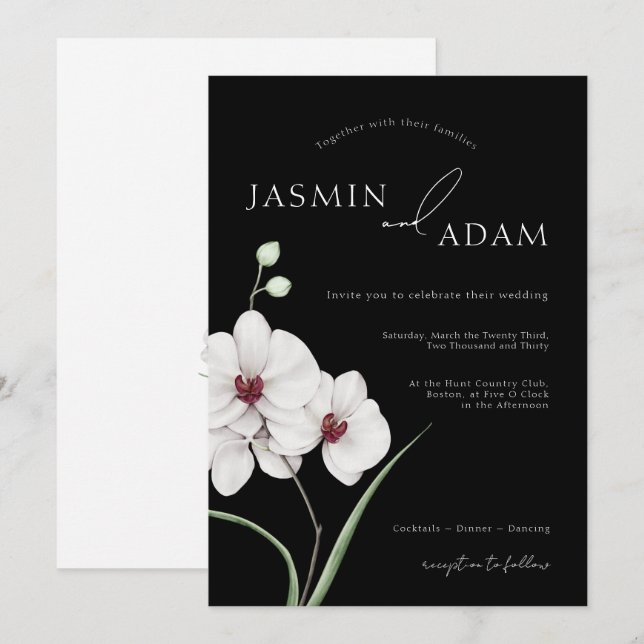 Modern Black White Orchids Initials Floral Wedding Invitation (Front/Back)