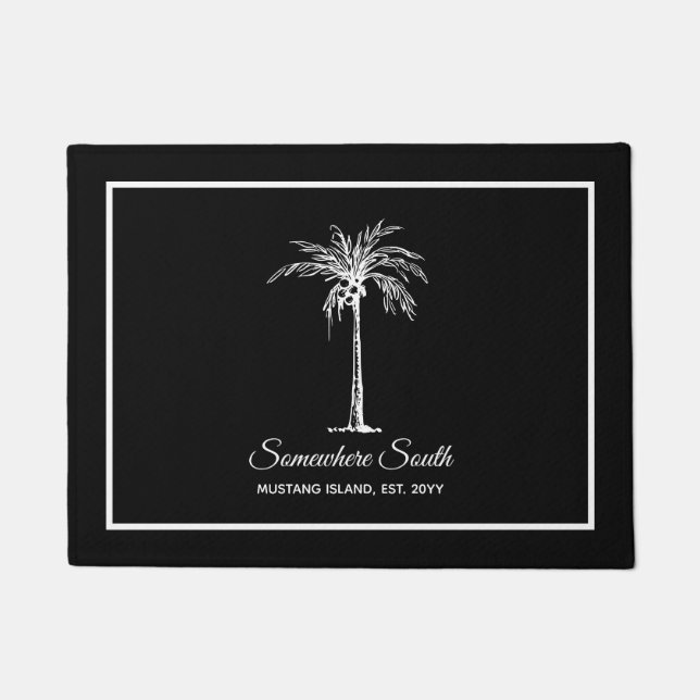 Modern Black White Palm Tree Personalized Doormat (Front)