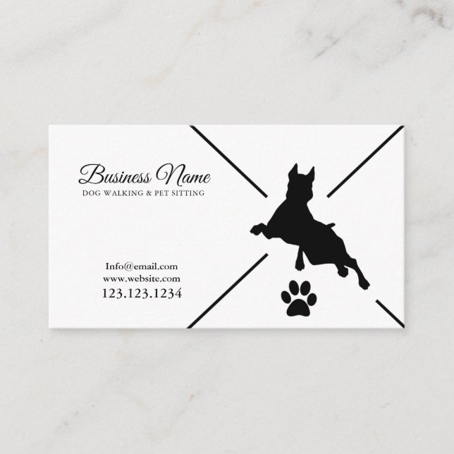 Modern Black & White Paw Silhouette Dog Walking Business Card (Front)