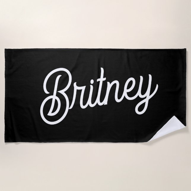 Modern Black White Personalized Monogram and Name  Beach Towel (Front)