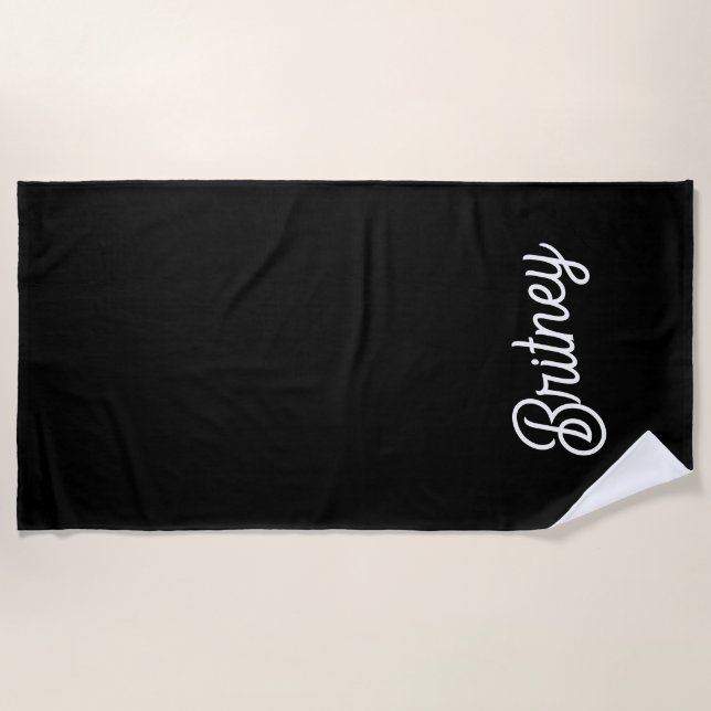 Modern Black White Personalized Monogram and Name  Beach Towel (Front)