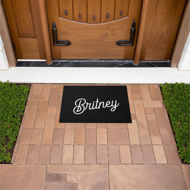 Modern Black White Personalized Monogram and Name  Doormat (Outdoor)