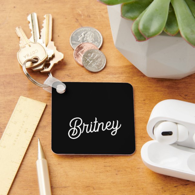 Modern Black White Personalized Monogram and Name  Keychain (Desk)