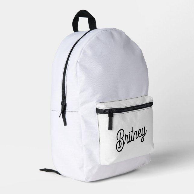 Modern Black White Personalized Monogram and Name  Printed Backpack (Back Corner Left)