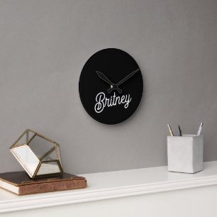 Modern Black White Personalized Monogram and Name Round Clock