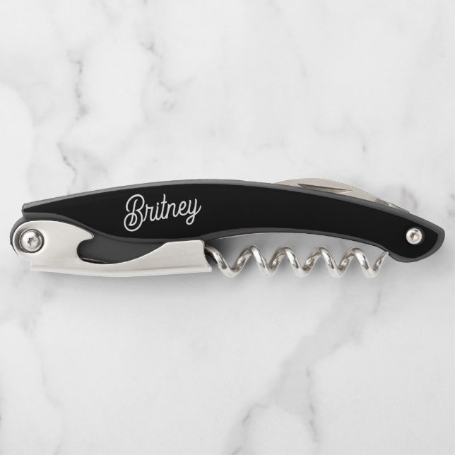 Modern Black White Personalized Monogram and Name  Waiter's Corkscrew (Front)