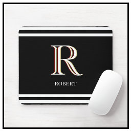 Modern Black White Personalized Monogram Name  Mouse Pad