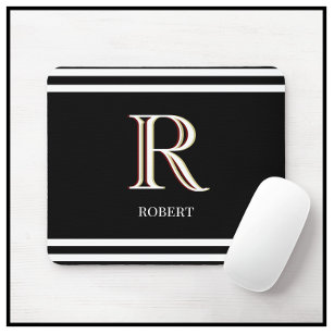 Modern Black White Personalized Monogram Name  Mouse Pad
