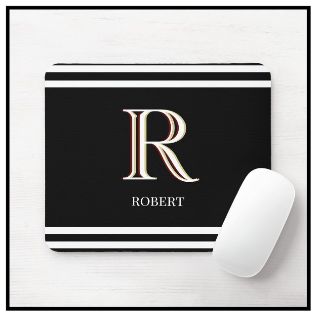 Modern Black White Personalized Monogram Name  Mouse Pad (Creator Uploaded)