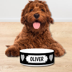 Modern Black & White Personalized Name Dog Bowl