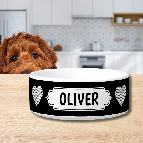 Modern Black  White Personalized Name Dog Bowl