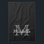 Modern Black White Personalized Name Monogrammed Kitchen Towel<br><div class="desc">Modern, minimalist black and white custom personalized name and monogrammed kitchen towel. It features a monogram initial in serif style font and a pretty handwritten first name text template in grey, white color on black background. Great feminine, girly personalized gift. If you need help or matching items, please contact to...</div>