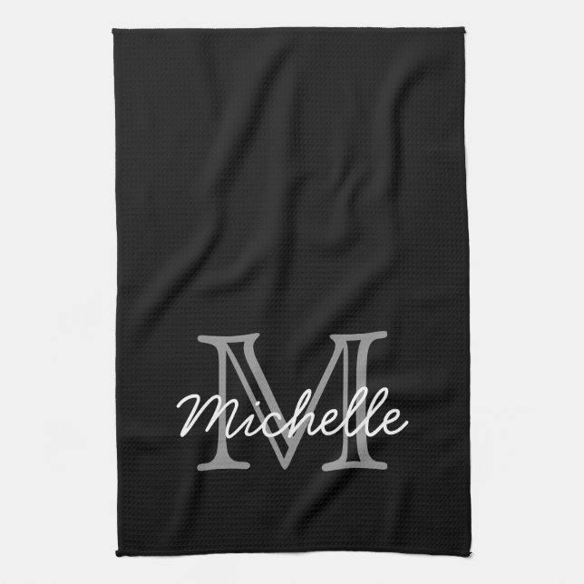 Modern Black White Personalized Name Monogrammed Kitchen Towel (Vertical)