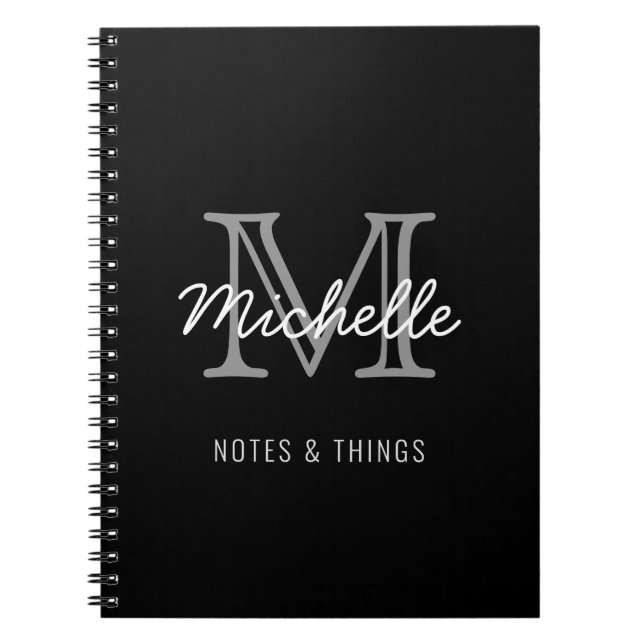 Modern Black White Personalized Name Monogrammed Notebook (Front)
