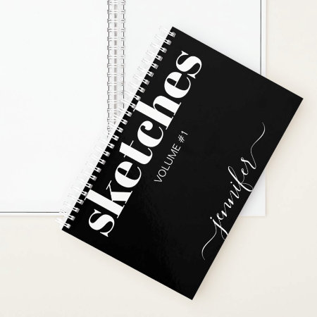 Modern Black White Personalized Sketchbook Name Notebook