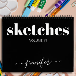 Modern Black White Personalized Sketchbook Name Notebook