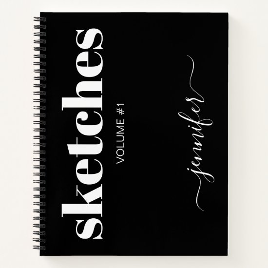 Modern Black White Personalized Sketchbook Name Notebook