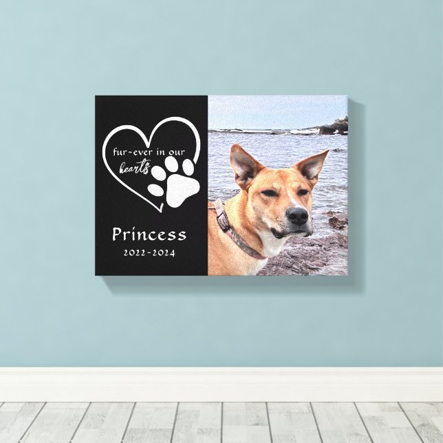 Modern Black White Pet Memorial Photo Keepsake Canvas Print (Insitu(Wood Floor))