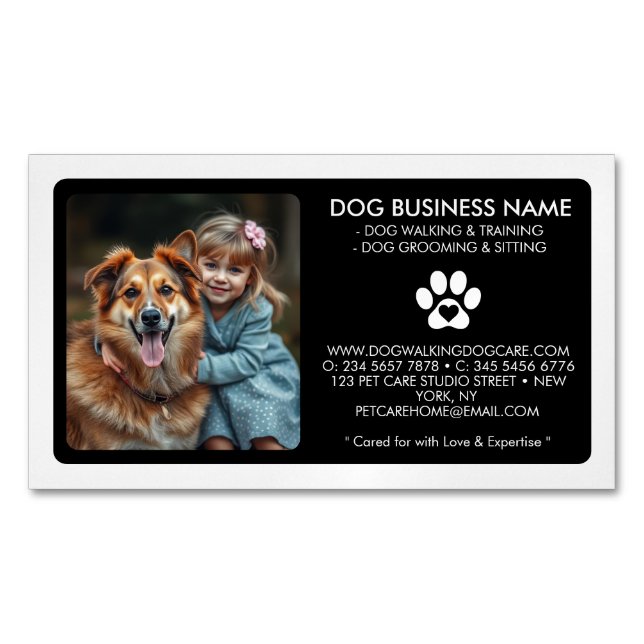 Modern Black White Pet Sitting custom Photo Business Card Magnet (Front)