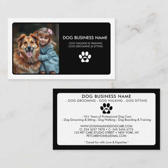 Modern Black White Pet Sitting Photo Paw Print Business Card (Front/Back)