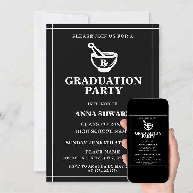 Modern Black & White Pharmacist Graduation Party Invitation Zazzle