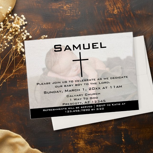 Modern Black White Photo Baby Dedication Invitation (Modern Black White Photo Baby Dedication Invitations)