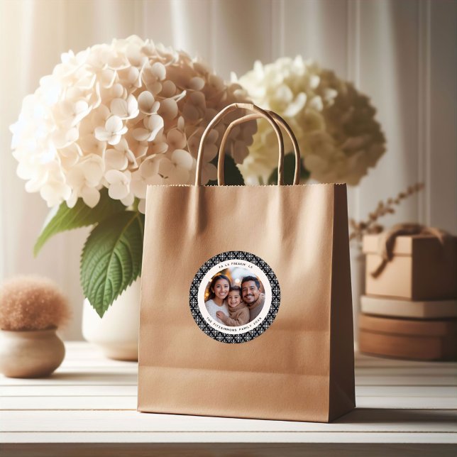 Modern Black & White Photo Christmas Classic Round Sticker (Neutral Snowflake Modern Christmas Round Sticker black)