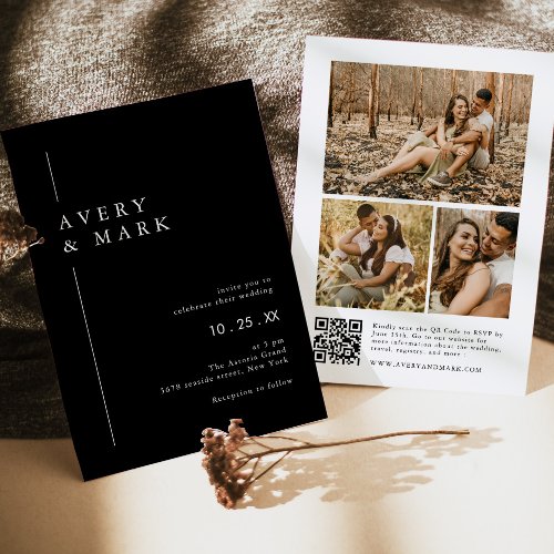 Modern Black  White Photo Collage QR Code Wedding Invitation