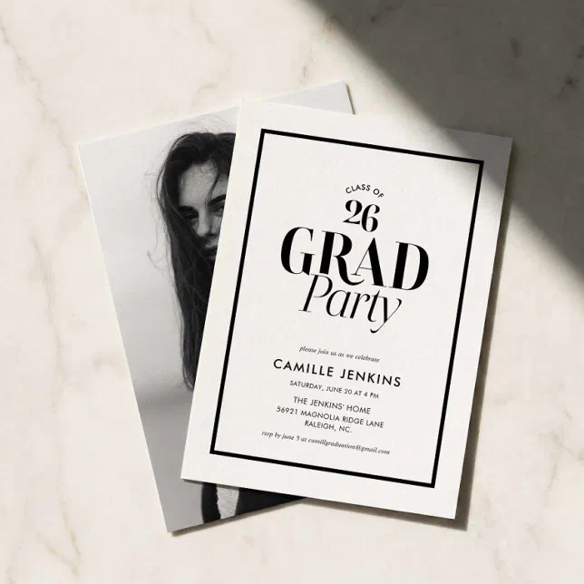 Modern Black White Photo Grad Party Invitation | Zazzle