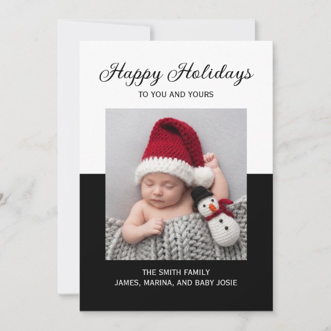 Modern Black White Photo Happy Holidays Photo Holi Holiday Card (Front)