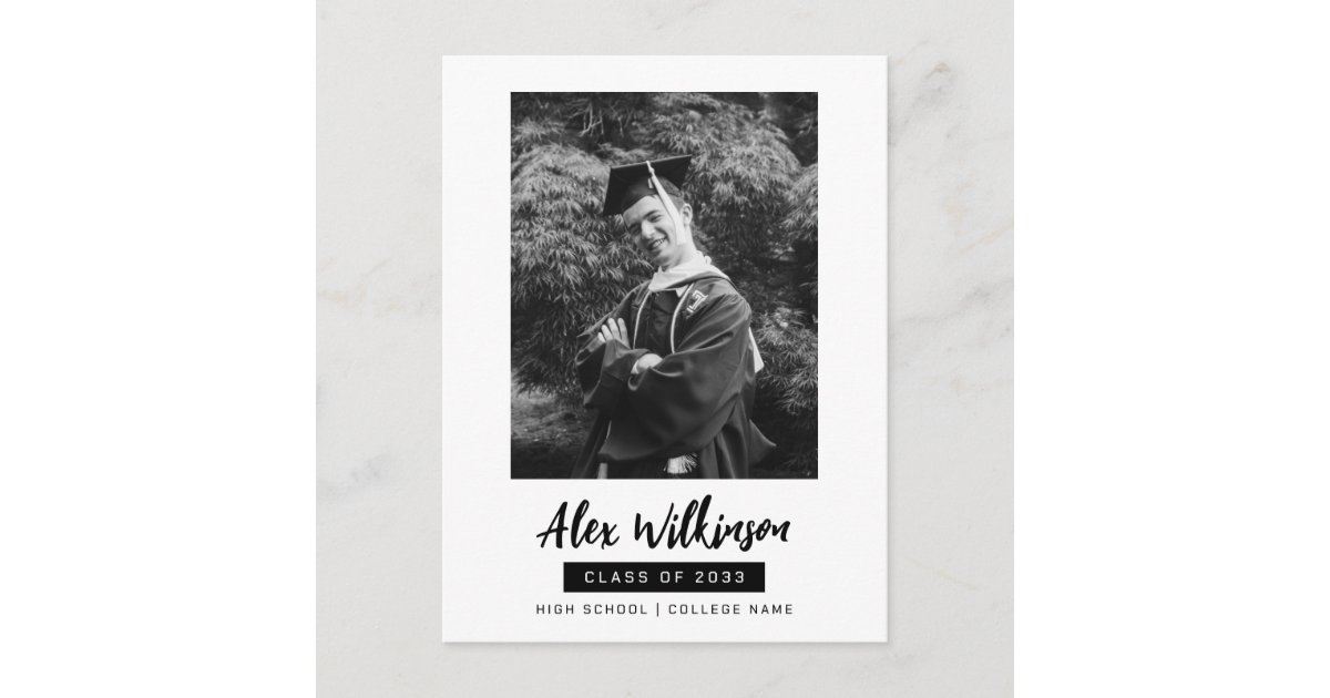 Modern Black White Photo Minimalist Graduation Invitation Postcard | Zazzle