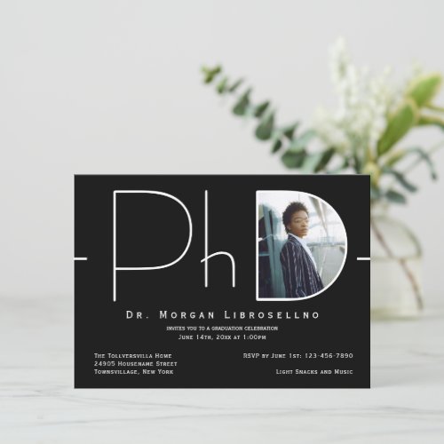 Modern Black White Photo PhD Graduation Invitation