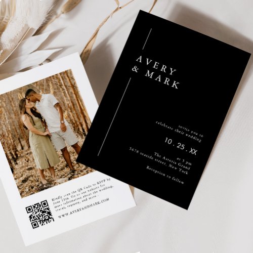 Modern Black  White Photo QR Code Wedding Invitation