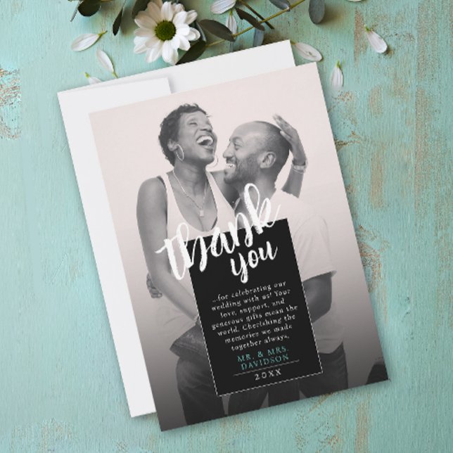 Modern Black White Photo QR Thank You Brush Scrip Save The Date (Creator Uploaded)