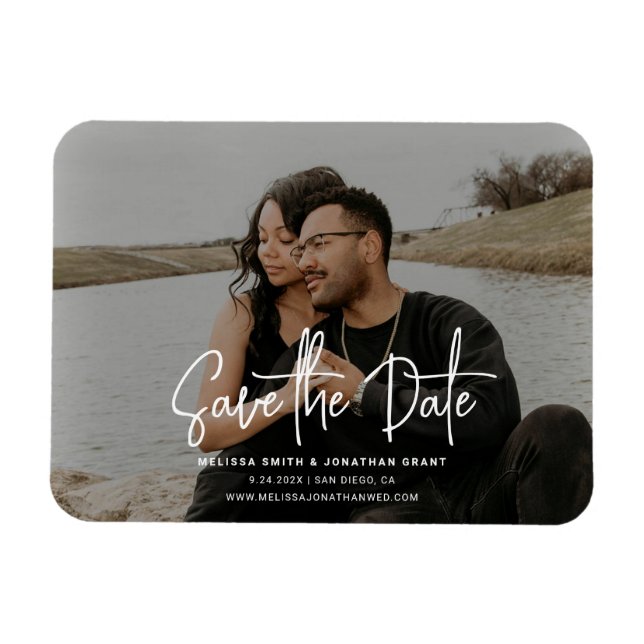 Modern Black & White Photo Script Save the Date Magnet (Horizontal)