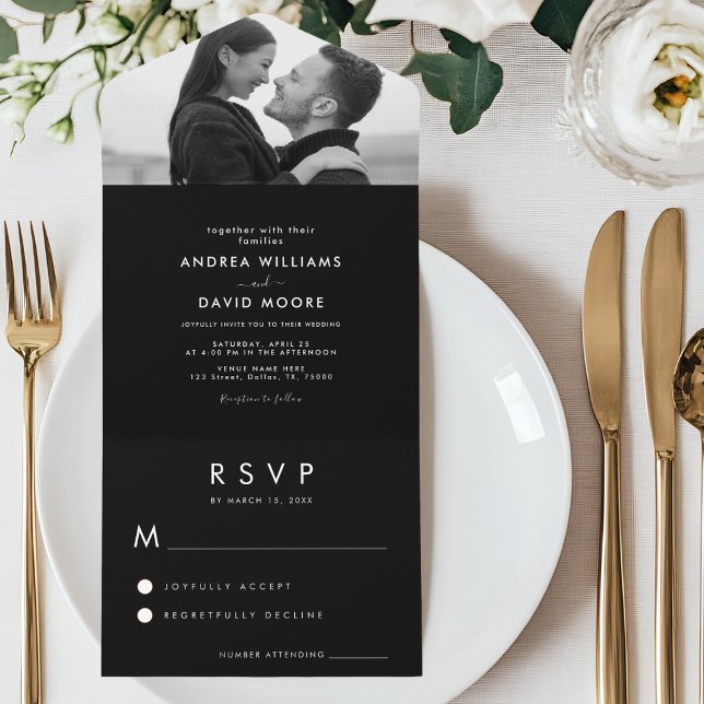 Modern Black & White Photo Simple RSVP Wedding All In One Invitation (Creator Uploaded)