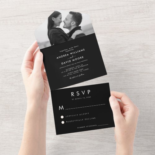 Modern Black  White Photo Simple RSVP Wedding All In One Invitation