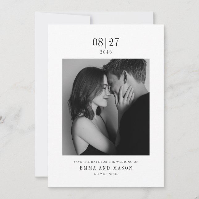 Modern Black & White Photo Wedding Save the Date (Front)