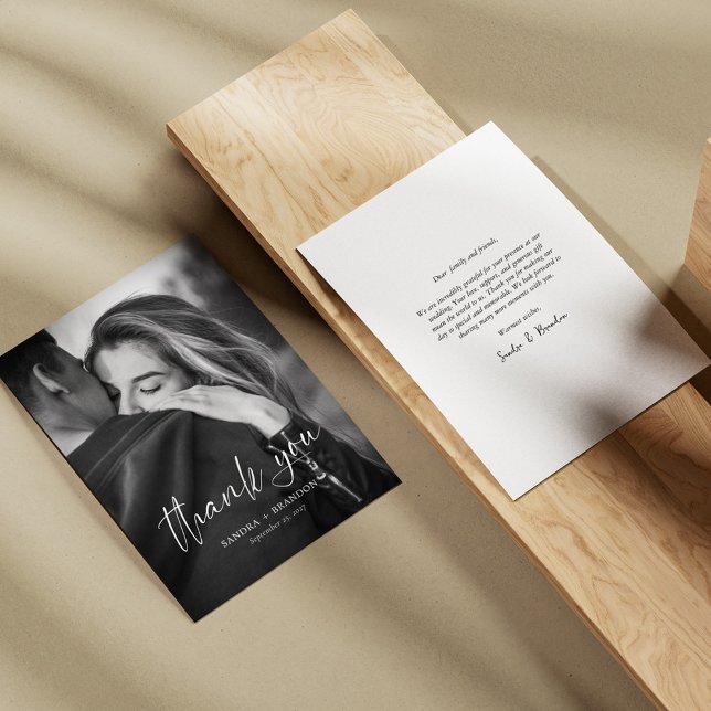 Modern Black & White Photo Wedding Thank You Card (Modern White Script Photo Wedding Thank You Card)