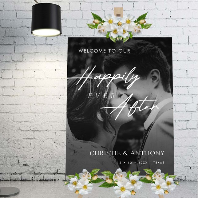 Modern Black & White Photo Wedding Welcome Sign (Personalized Elegant Script Wedding Welcome Sign with Photo)