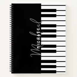 Modern Black &amp; White Piano Keyboard Monogram Name Notebook